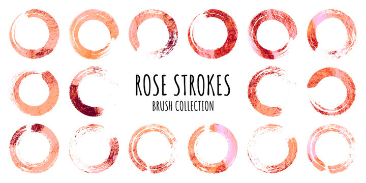 Rose gold grunge circles, brush strokes, lines, ink smudges, handdrawn scribble shapes. Handmade sketchy marks, acrylic stains, charcoal streaks. Paint textures, dry brush effect. Vector illustration.
