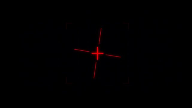Red crosshair animation focuses glowing laser targeting lines. Precision weapon telemetry guides this red crosshair. High tech aiming locks on the red crosshair animation.