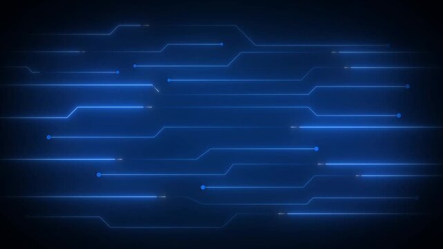 Blue circuit board lines animation pulses with cyber nodes. Motherboard hardware powers the circuit board lines. Data transmission runs the circuit board lines.