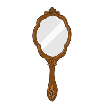 cartoon-style illustration of a vintage wooden handheld vanity mirror with decorative baroque frame and carved handle, isolated on a white background.