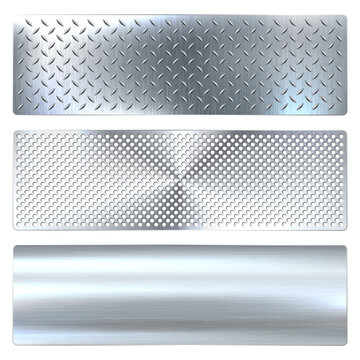 Realistic shiny metal banners set, textured brushed steel, polished copper surfaces, and chrome frames. Industrial plates include secure bolts, rivets, and screws. Vector illustration.