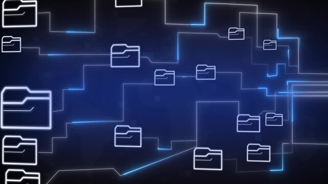 Digital folder network animation links collaborative files. Cloud database systems power the folder network animation. Secure file sharing connects the folder network.