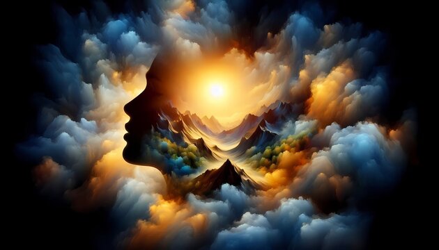 An abstract scene of a real models silhouette filled with an AI-generated landscape of mountains, clouds, and a glowing sun, creating a world within a person, Ai generated image