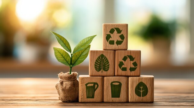 A small plant in a burlap sack next to wooden blocks with eco-friendly and recycling symbols, emphasizing sustainability and environmental care.