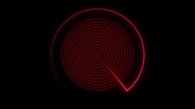 Red radar screen animation sweeps circles on a dark tech grid. Sonar detection target telemetry guides this radar screen. Cyber surveillance monitors the red radar screen.