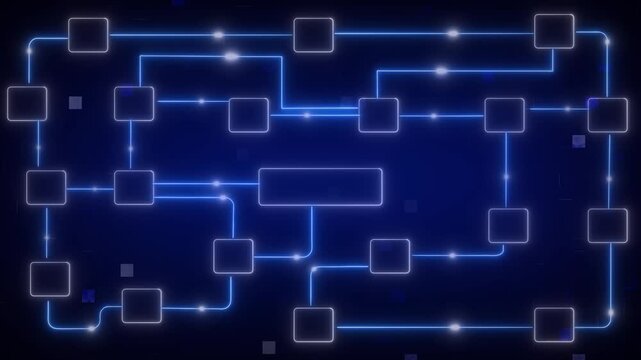 Blue digital network diagram animation connects cyber nodes. High speed data communication links this network diagram. Global information drives the network diagram.