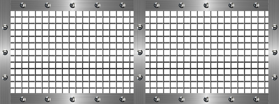 リベット付きメタルフレームとワイヤーメッシュの工業用背景素材｜重厚な金属テクスチャとコピースペース