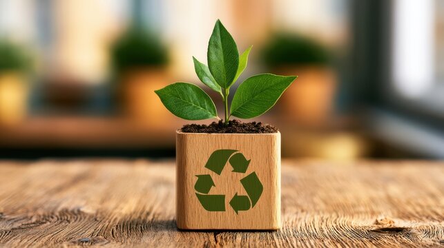 A small green plant grows from soil in a wooden cube with a recycling symbol, symbolizing sustainability and eco-friendly practices.
