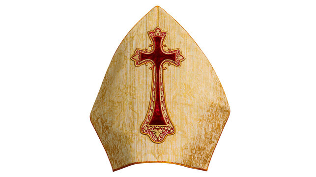 Ornate golden bishop mitre with red velvet cross embroidery