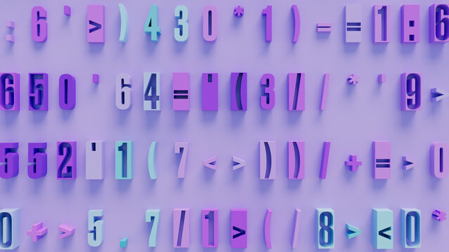 Three-Dimensional Colorful Letters and Numbers in Vibrant Purple, Pink, and Blue on Light Purple Background, Engaging Abstract Art for Educational Resources and Creative Design Projects