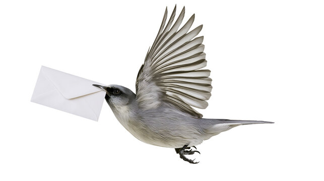 Grey bird in flight carrying a white paper envelope in its beak