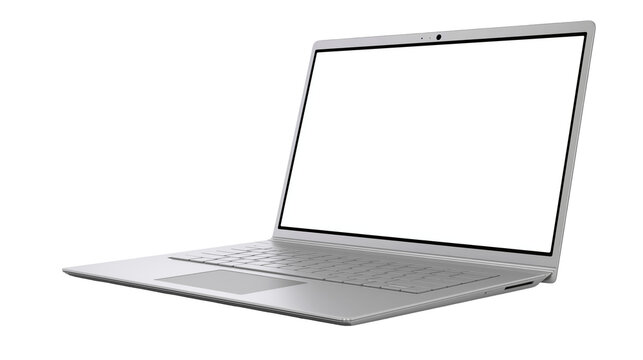 Sleek silver laptop with blank white screen and modern metallic keyboard