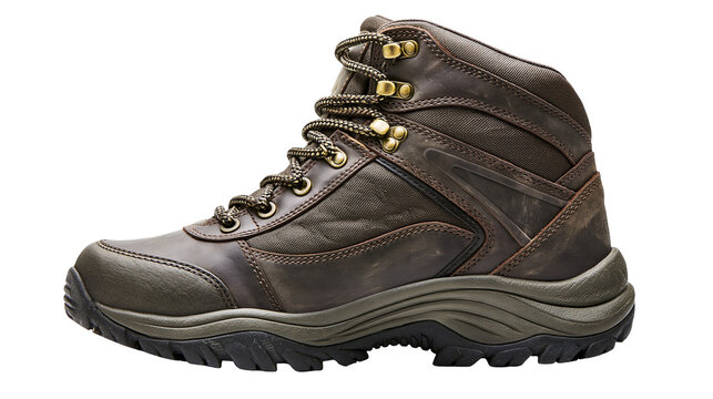 Brown leather and textile hiking boot with metal eyelets and rugged rubber sole