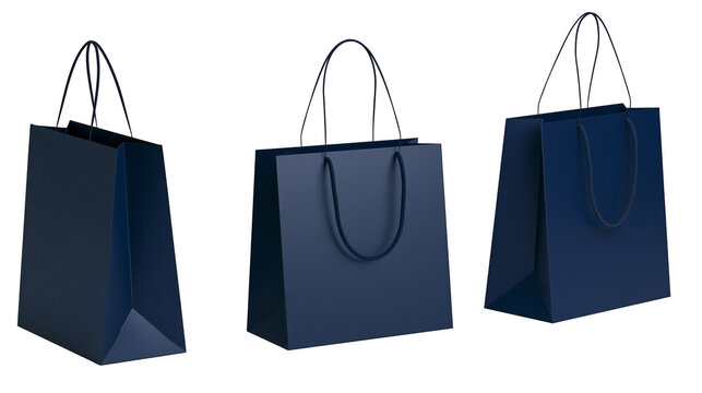 Three dark blue paper shopping bags with rope handles in different perspectives