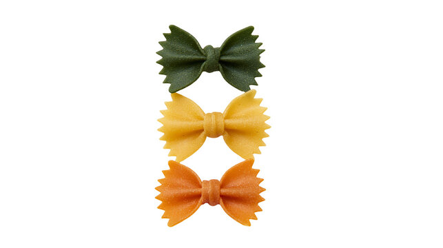 Three colorful farfalle bow tie pasta shapes in green yellow and orange
