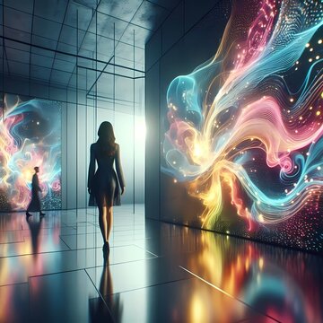 A hybrid image of a real model standing in a futuristic room with AI-generated, dynamic digital murals on the walls, which respond to her presence with moving shapes, Ai generated image