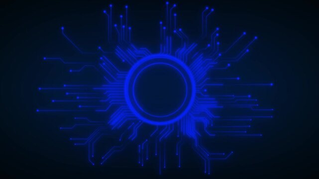Blue circuit board network animation pulses around a central cyber ring. High performance computing powers this circuit board network. Modern motherboard data runs on the circuit network.