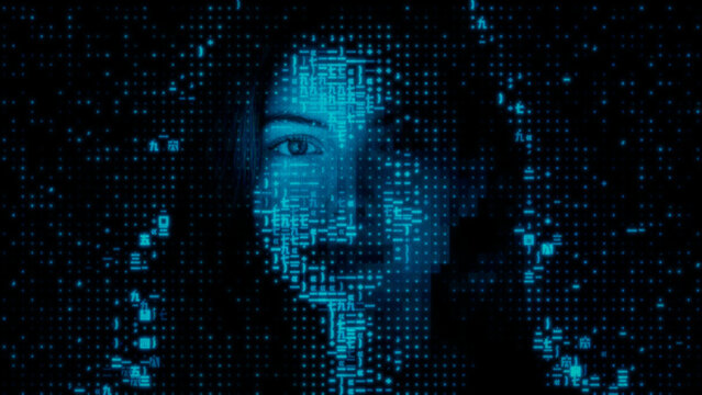 Female Face formed from Data Fragments. Facial Recognition Login Concept.