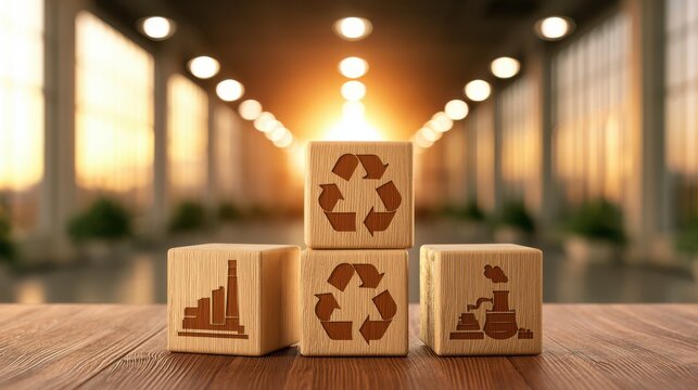 Wooden blocks with recycling and sustainability icons symbolize environmental responsibility and green growth in a bright, modern indoor setting.