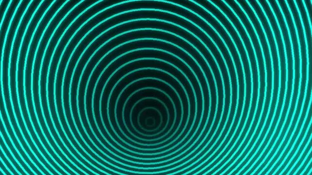 Cyan neon concentric circles animation expands smoothly into the dark. Digital target ripple waves pulse along the concentric circles. Modern abstract light rays fill the concentric circles.
