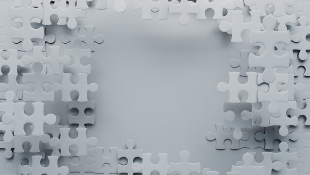White 3D Jigsaw Puzzle Background with Drifting Pieces. Fragmentation Concept.