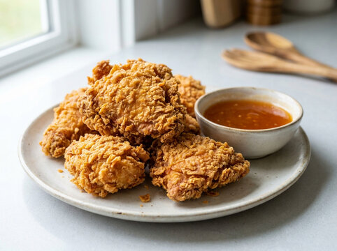 Fried meatballs with dipping sauce on plate