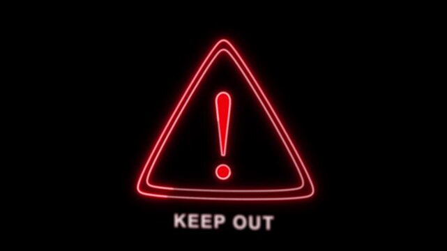 Red neon exclamation mark animation flashes inside a danger triangle. Critical system warning alerts trigger the neon exclamation mark. Urgent cybersecurity hazard notifications use this mark.