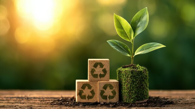 A small green plant grows beside wooden blocks with recycling symbols, symbolizing environmental sustainability and eco-friendly practices.