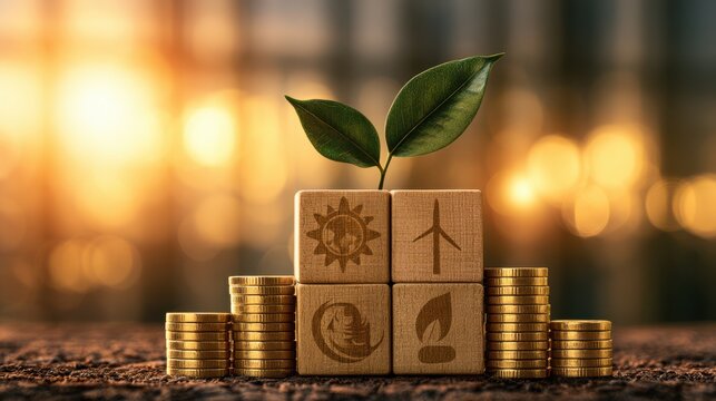 A small plant grows from eco-symbol blocks surrounded by stacks of gold coins, symbolizing sustainable finance and green investment.