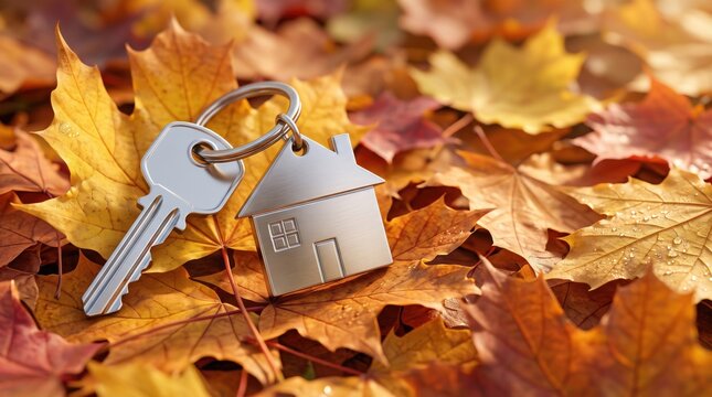 House-shaped keychain and key resting among colorful autumn leaves, representing home ownership, property purchase, real estate investment and finding a new home
