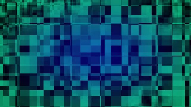 Mosaic of teal and blue squares animation flows with smooth gradients. Modern abstract pixel patterns move in this mosaic of squares. Sleek ambient cyber visuals fill the mosaic of squares.