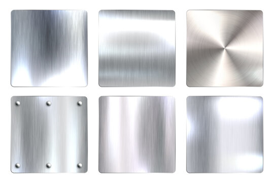 Realistic shiny metal banners set, textured brushed steel, polished copper surfaces, and chrome frames. Industrial plates include secure bolts, rivets, and screws. Vector illustration.