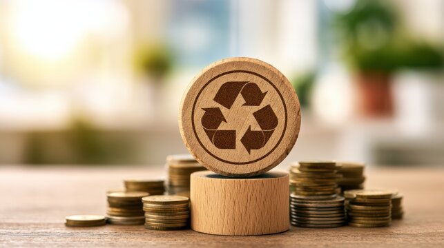 Wooden token with a recycle symbol stands on a pedestal surrounded by stacks of coins, symbolizing sustainable finance or eco-friendly investments.