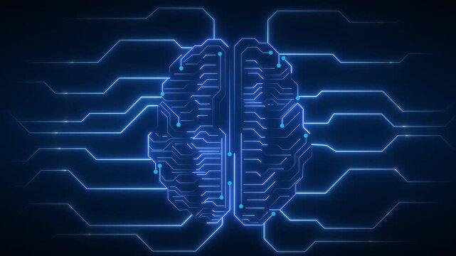 Blue brain shape animation glows with digital circuitry and nodes on dark. Artificial intelligence computing powers the blue brain shape. Neural machine learning pathways run in the brain shape.