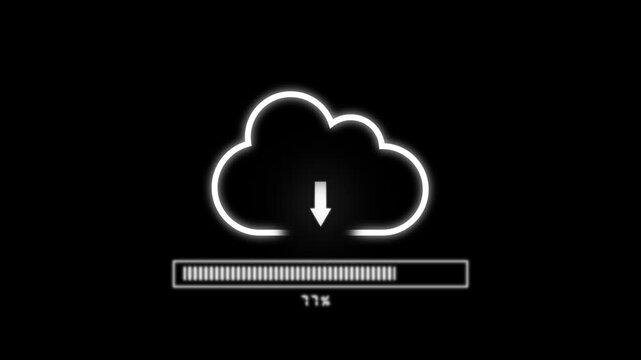 Cloud download progress bar animation tracks dynamic loading percentages. Remote database file transfer updates the cloud download progress bar. Fast digital data saving runs on this progress bar.