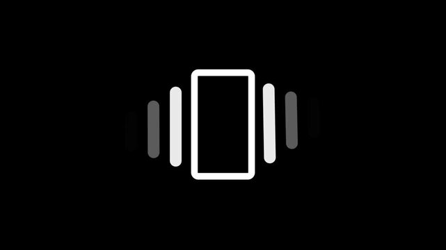 Vibrating smartphone animation displays expanding sound waveform rings. Mobile voice telecommunication links to this vibrating smartphone. Wireless calling alerts activate the vibrating smartphone.