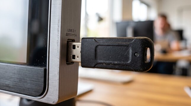 Black USB flash drive inserted into side port of computer monitor.
