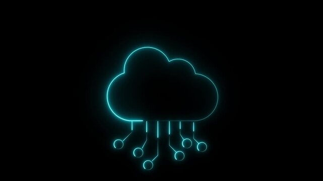Neon cloud animation pulses with digital circuit board tracks on black. High tech server database computing powers the neon cloud animation. Modern online file storage routes across the neon cloud.