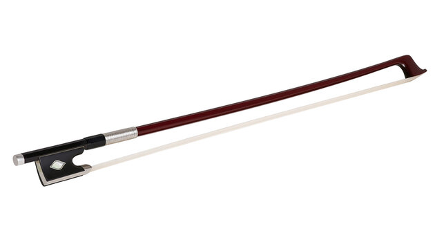Dark brown wooden violin bow with horsehair and ebony frog
