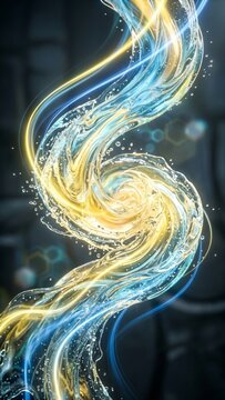 Swirling blue and gold liquid vortex spiraling in dark space with glowing light trails and bubbles