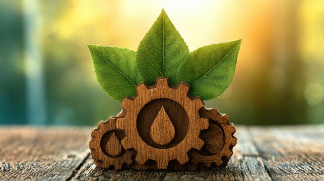 Wooden gears with water drop symbols and fresh green leaves symbolize sustainable energy and eco-friendly technology.
