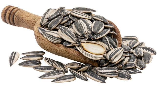 Striped sunflower seeds in a small wooden scoop