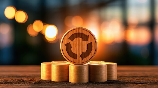 Wooden coins with recycling symbols are stacked on a wooden surface against a blurred background of warm lights and sunset hues.