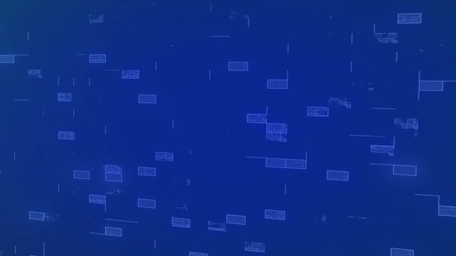 Blue digital grid animation displays scattered rectangular data blocks. High tech matrix screen perspective forms this blue digital grid. Cyberspace data processing animates along the digital grid.