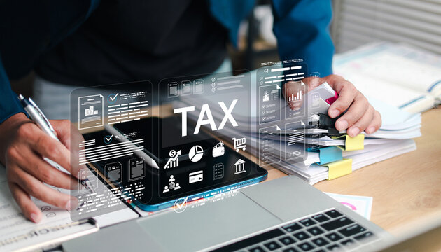 Tax planning and financial management concept showing a business person reviewing tax documents, digital financial data, accounting reports,
