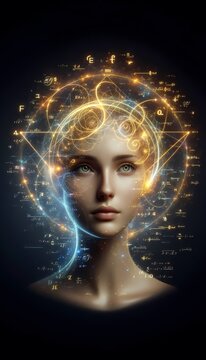 A conceptual portrait of a real model with an AI-generated halo made of floating, glowing geometric equations and mathematical symbols, Ai generated image