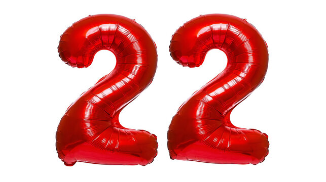 Shiny red foil balloons shaped as the number twenty two