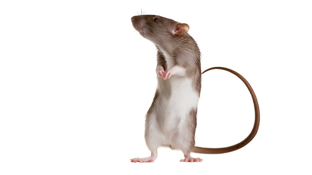 Brown and white domestic fancy rat standing on hind legs