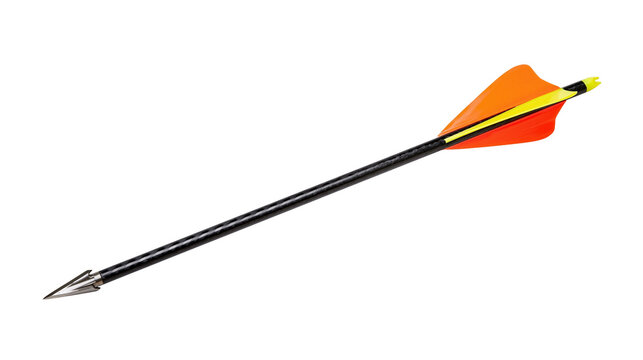 Carbon fiber archery arrow with sharp metal tip and bright orange fletching