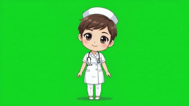 Cute cartoon nurse character in white uniform with stethoscope on a green screen background.